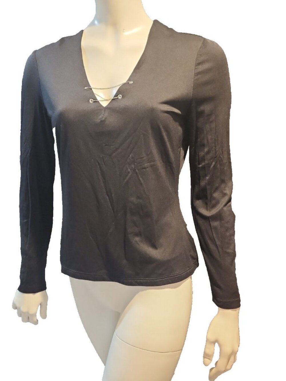 ESCADA size M 6 8 Womens V neck Blouse shirt long sleeve top black silver chain